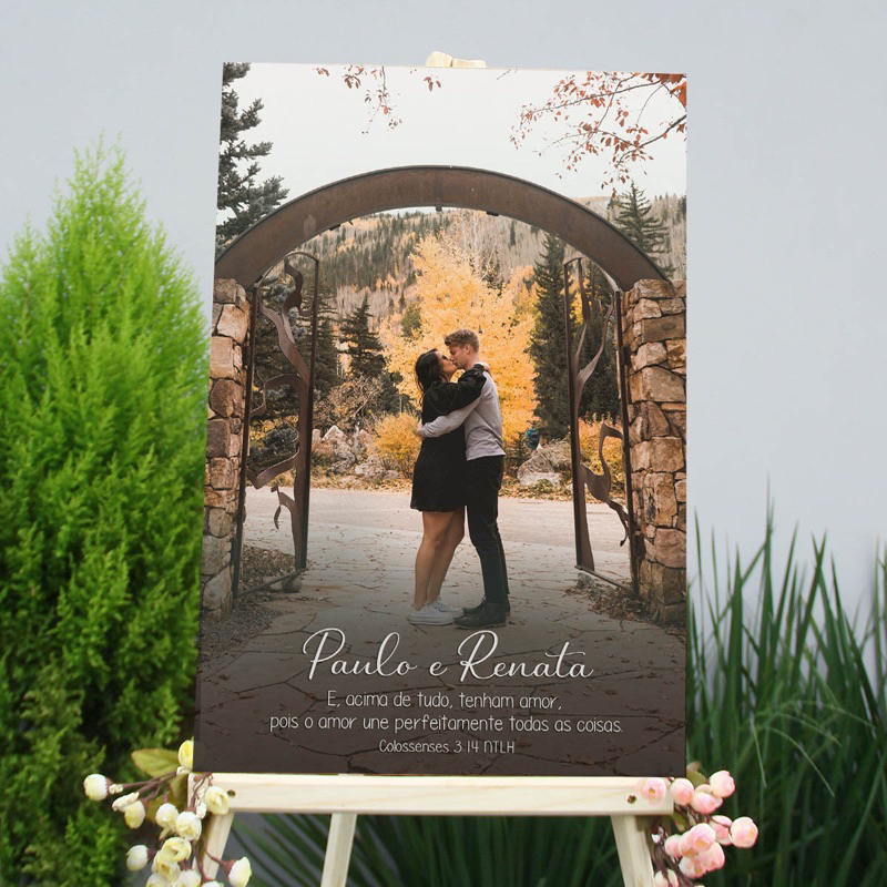 Quadro Placa Decorativo MDF Recepção De Casamento Foto do Casal Versículo 40x60 entrada cerimonia