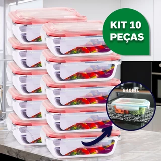 Kit 10 Potes Vidro Hermético 640ml Retangular 4 Travas Marmita Premium