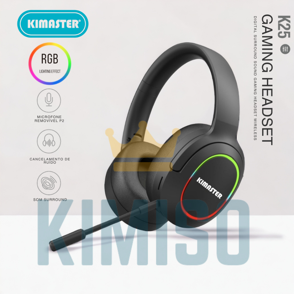 Headphone Headset Gamer Bluetooth Led RGB com cabo p2 Kimaster K25