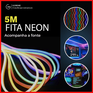 Fita LED Neon RGB 12V 5 Metros Mangueira Flexível + Controle + Fonte 36W