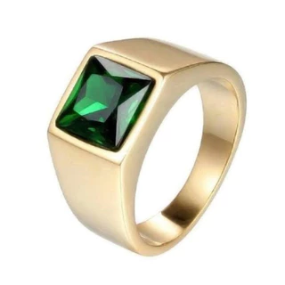 Anel Pedra Verde Dourado de Aço Inoxidável Unissex Estiloso