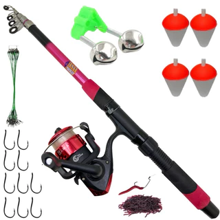 Kit De Pesca Completo Vara Telescópica 1.70 + Molinete + Linha E acessórios / Cor Rosa Para Mulher