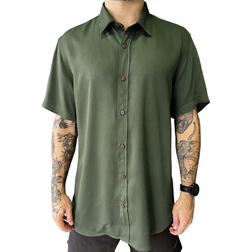 Camisa Social Masculina Manga Curta Verde Militar Feminina Viscose Unissex