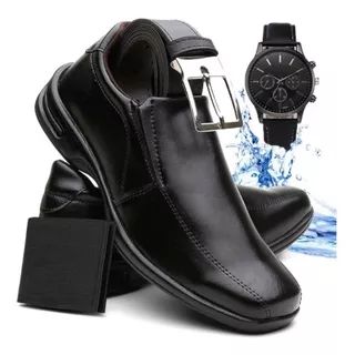 Kit Sapato Social Masculino Ortopédico de Couro Sola Antiestresse + Cinto Dupla Face + Carteira + Relógio