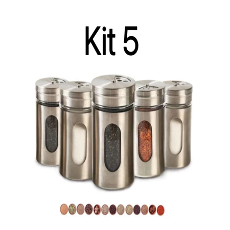 Kit 5 saleiros pimenteiro condimentos premium vidro aço inox com visor