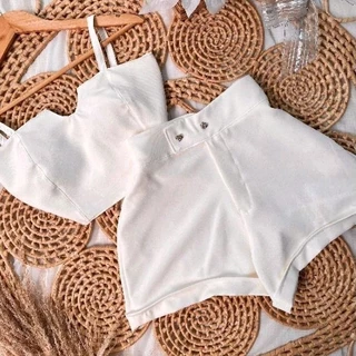 Conjunto Feminino Paty Cropped com Decote e shorts Cintura alta Alfaiataria envio imediato