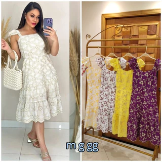 Vestido Midi em Laise de Algodão e Saia Três Maria