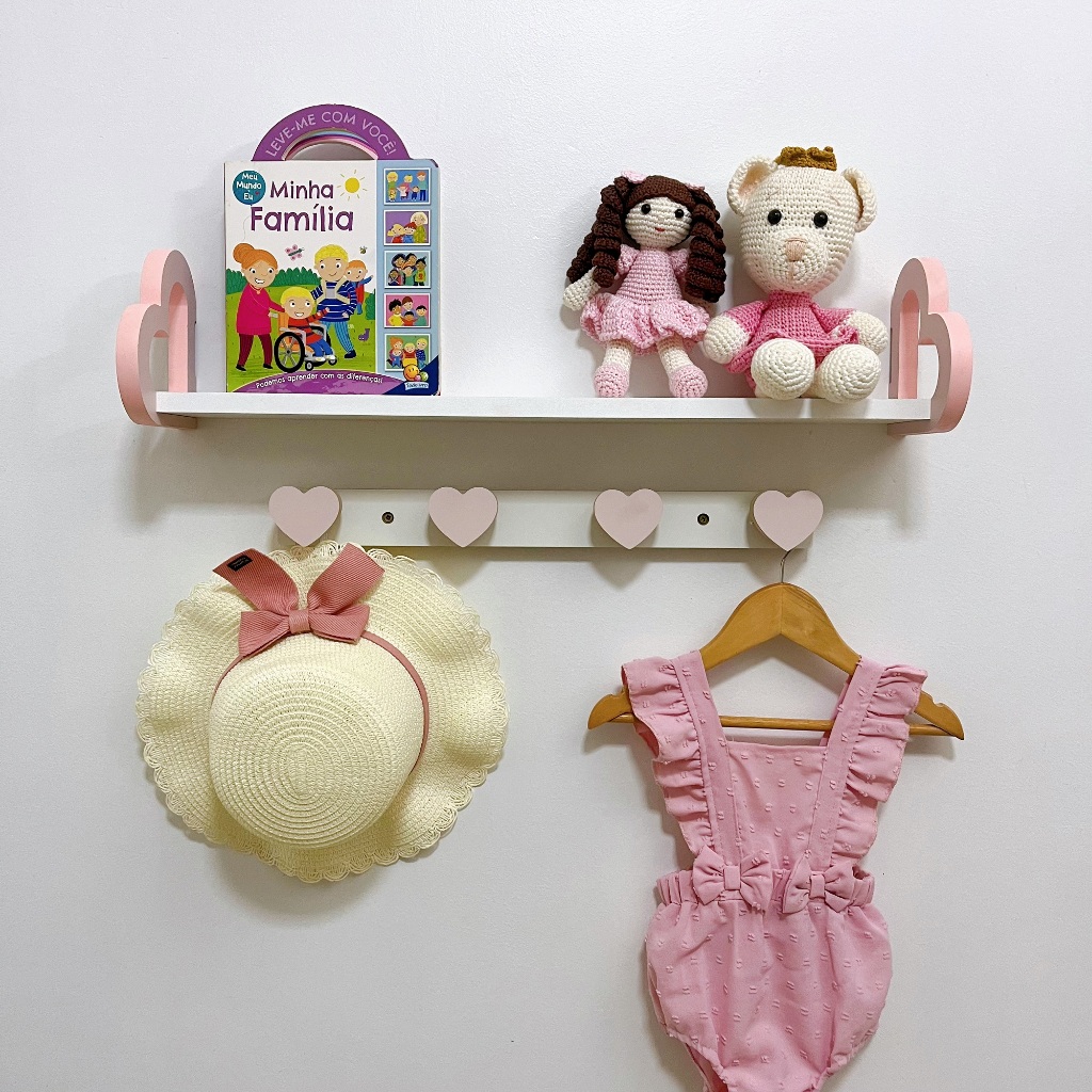 Prateleira Infantil Coração Rosa 45x10cm - Decoração Quarto Bebê