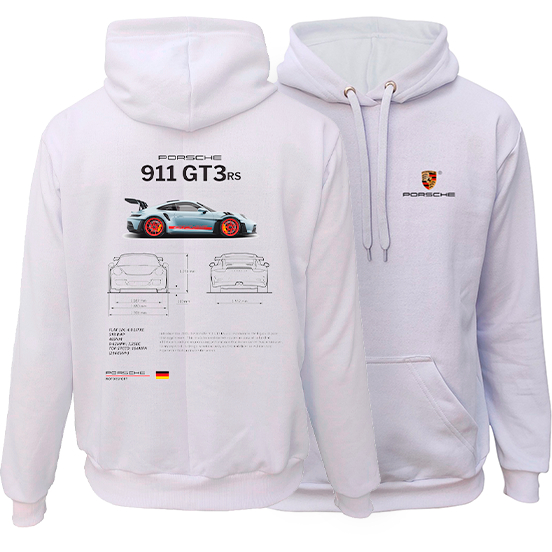 Blusa Porsche 911 GT3 Moletom com Capuz e bolso Branco Lançamento