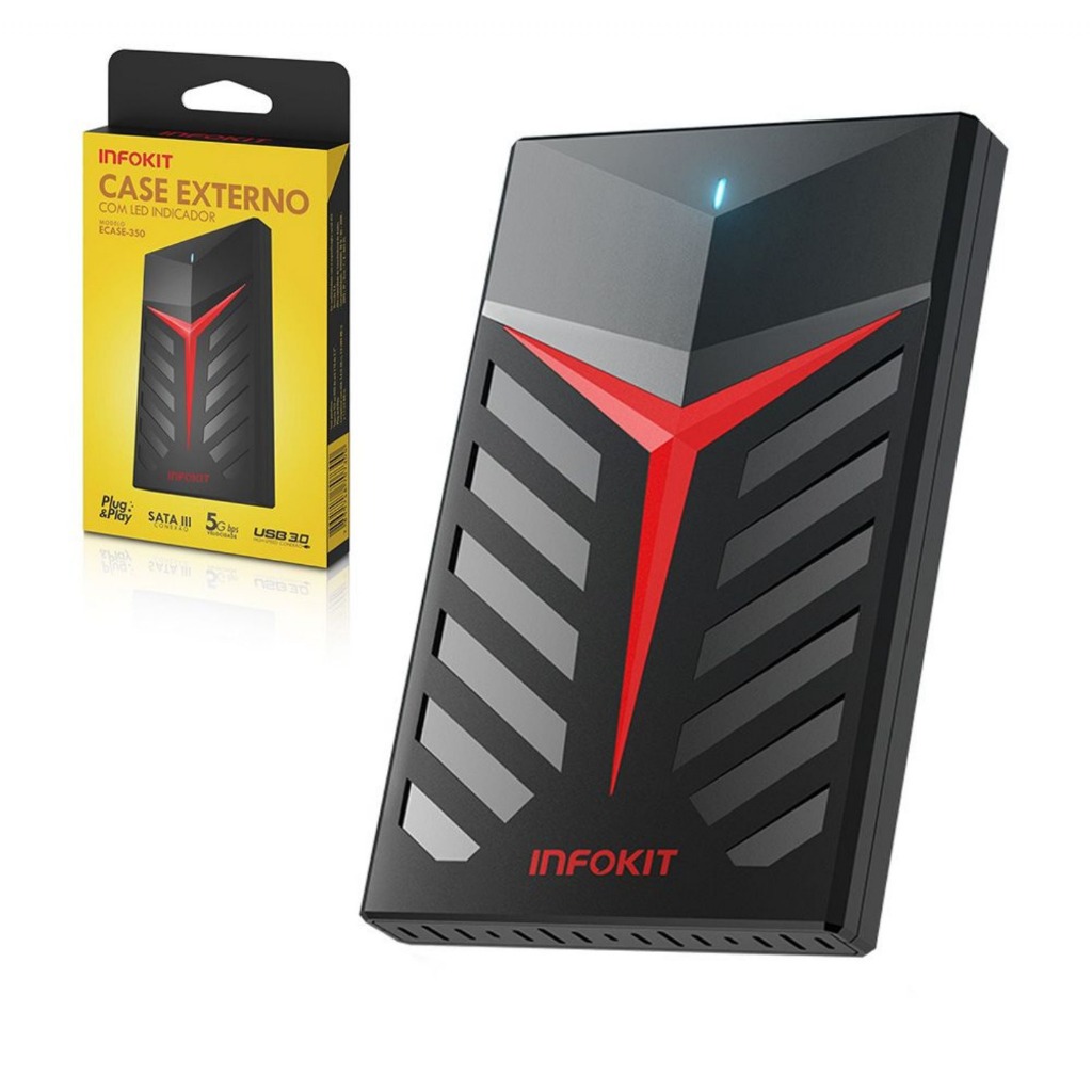 Case para HD 2.5 polegadas SATA III USB 3.0 com LED INFOKIT ECASE-350
