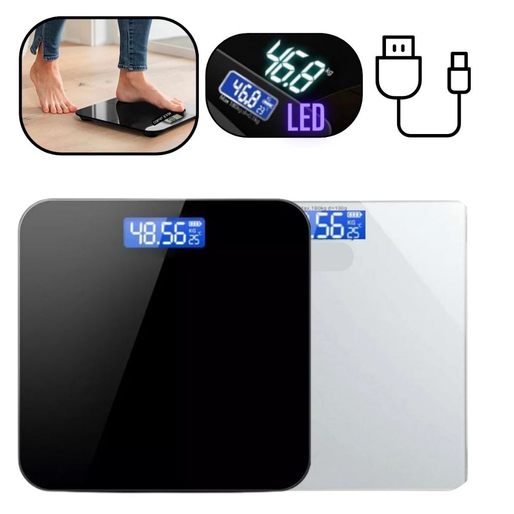 Balança Digital Corporal Recarregavel USB Vidro Led 180kg Banheiro ...
