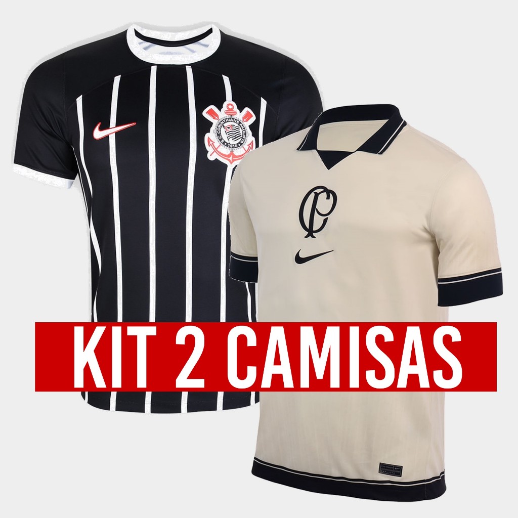 Kit Camisa Do Corinthians 2023 2024 - Preta Listrada + Creme CP - 2 ...