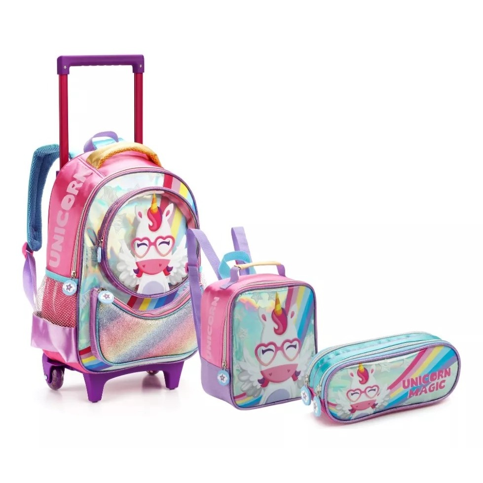 Kit Mochila Infantil Escolar Rodinha Unicórnio Magic Feminina Impermeável
