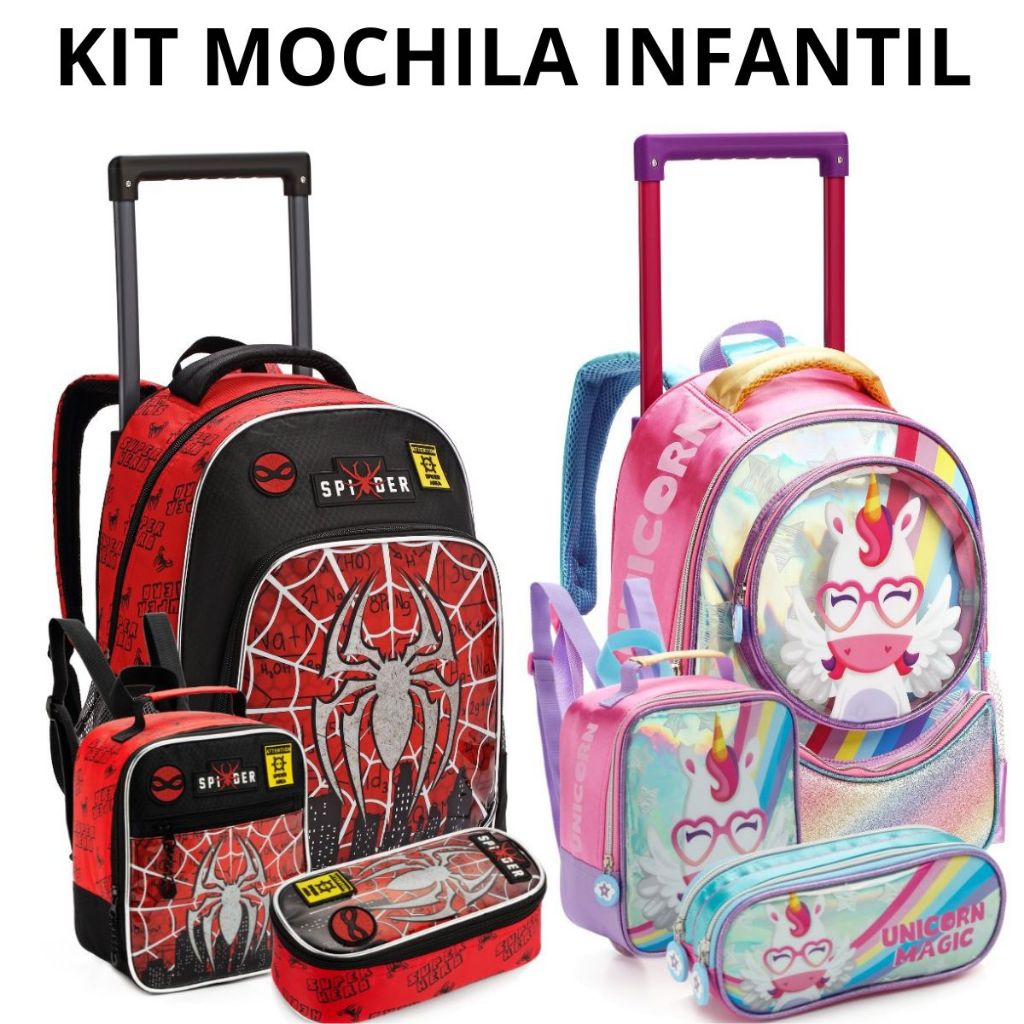 Kit Mochila Infantil de Rodinhas Menino Menina Escolar Resistente Bolsa Impermeável Original Denlex