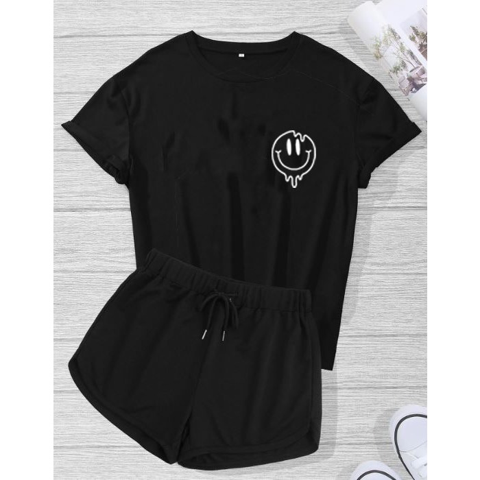 Conjunto Feminino Camiseta Smile Derretido e Short Moletinho