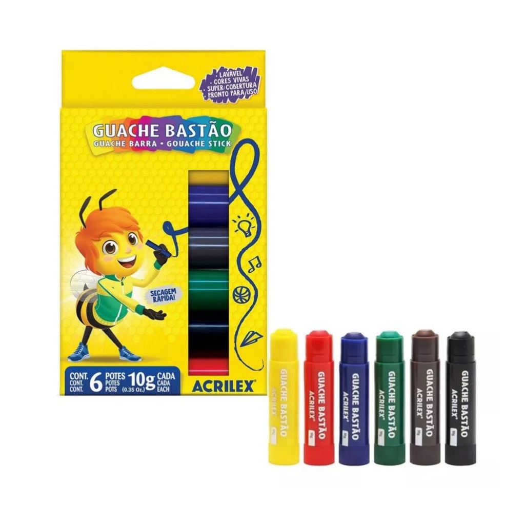 Tinta Guache Em Bastão Acrilex Neon e Normal 6 Cores | Shopee Brasil