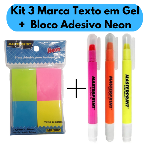 Kit 3 Marca Texto em Gel + Bloco Adesivo Neon para anotações Masterprint