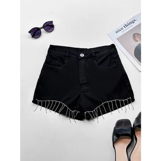 short jeans com strass pedras brilhoso Bainha Franja Sem lycra simples bolso preto pink cintura alta