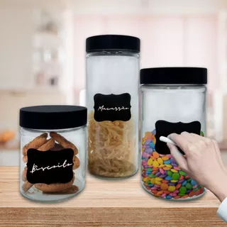 Kit 3 Potes de Vidro Com Tampa Adesivo Lousa P/ Escrever Conjunto Armazenadores de Alimento Cozinha