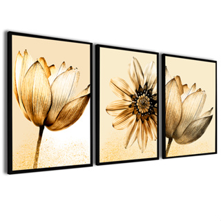 Kit 3 Quadros Decorativos Moderno Folhagem Dourada Premium