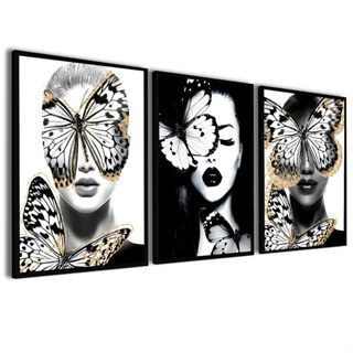 Kit 3 Quadros Decorativos Mulher Abstrato Floral Dourado