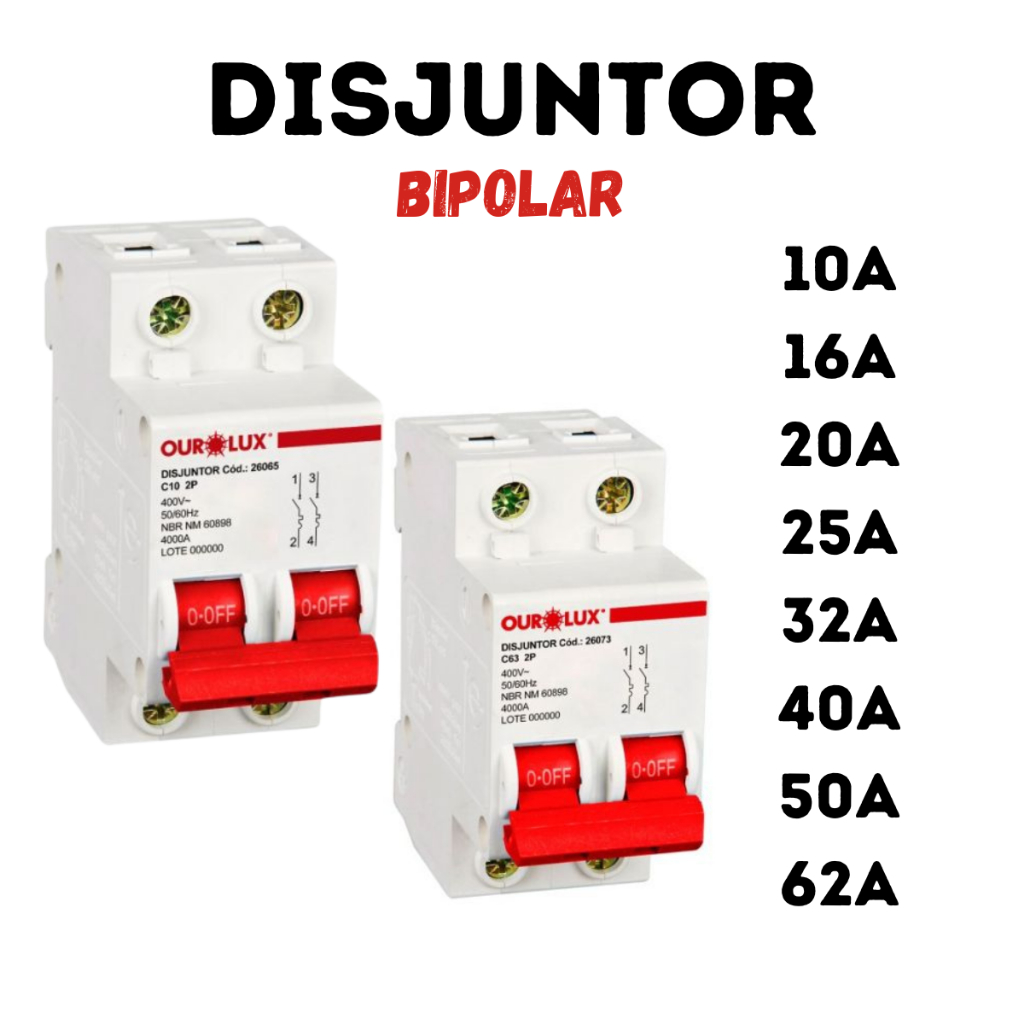 Disjuntor Din Bipolar Bifásico Curva C 10a/16a/20a/25a/32a/40a/50a/63a  Ourolux