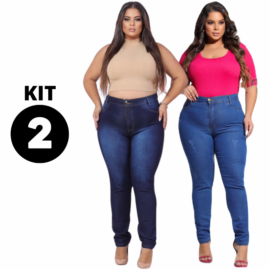 Kit 2 Calça Jeans Feminina Plus Size Cintura Alta Com Lycra Elastano Strech Premium Efeito Empina Bumbum