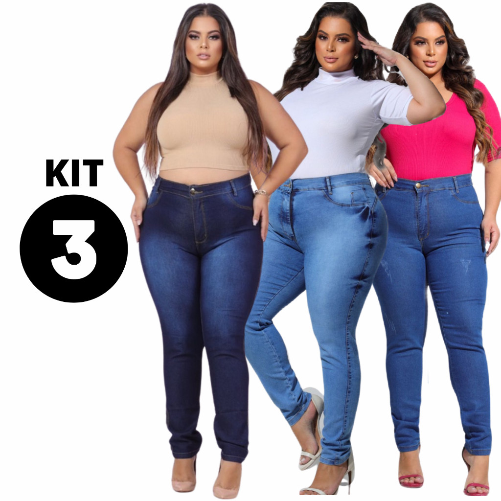 Kit 3 Calça Jeans Feminina Plus Size Cintura Alta Com Lycra Elastano Strech Premium Efeito Empina Bumbum