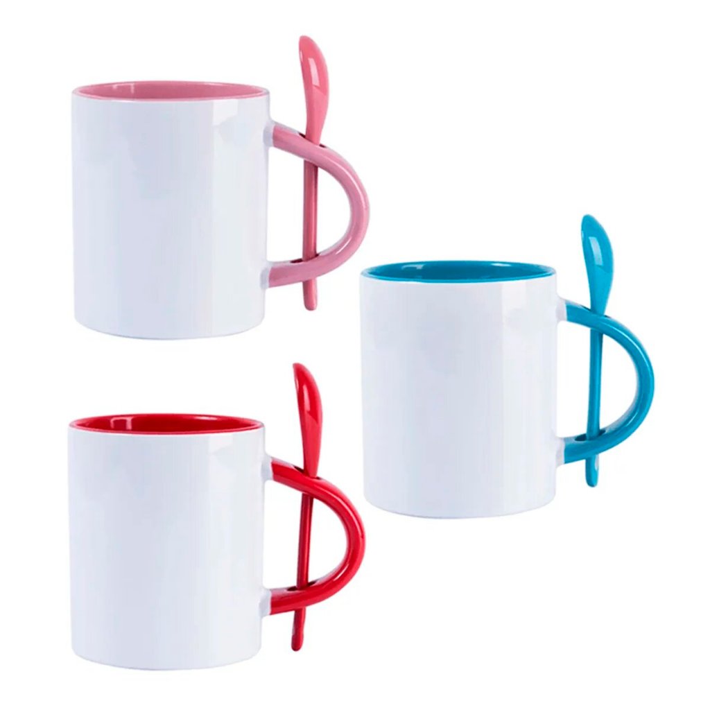 CANECA CERAMICA BRANCA C/ COLHER BASE RETA INT. E ALÇA COLORIDA 325ML - 2 un