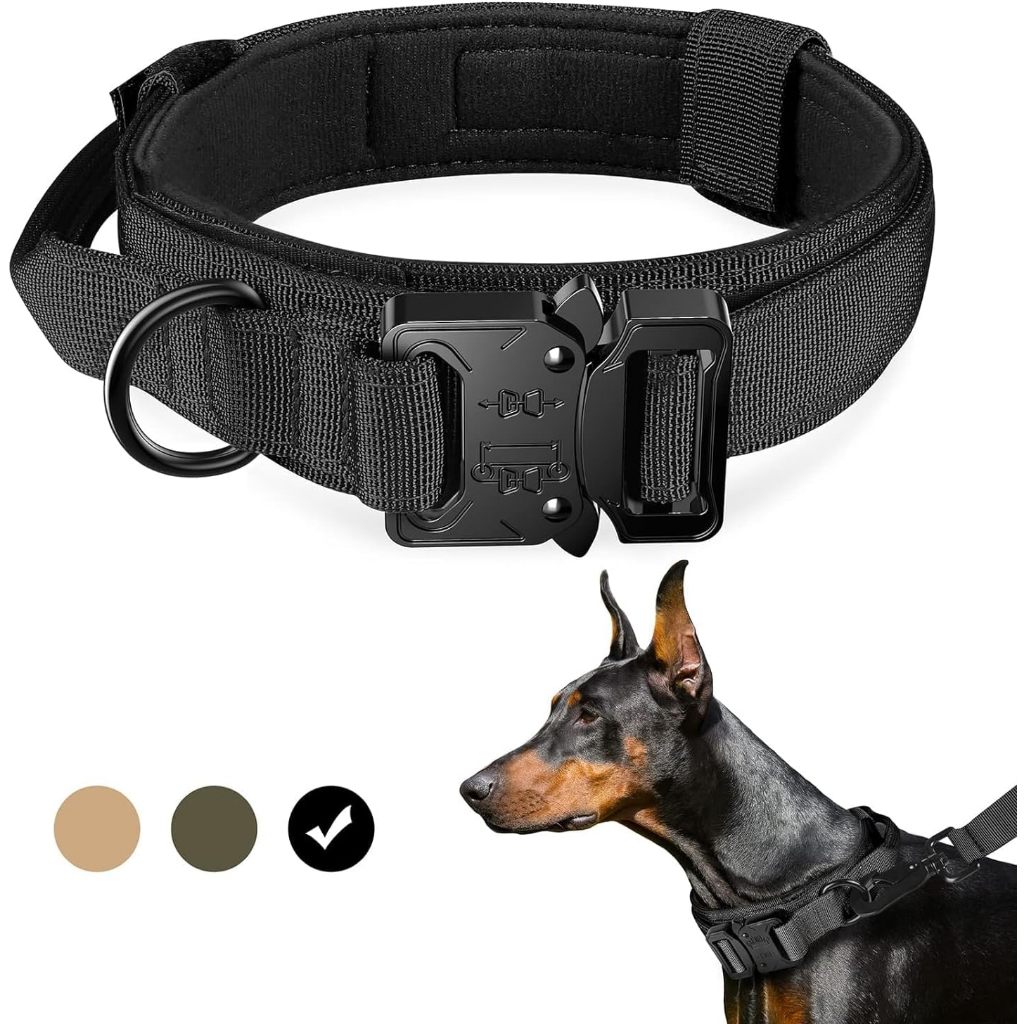 Coleira e guia táticas para cães, coleira de nylon para treinamento ajustável com alça de controle e fivela de metal pesado para cães de médio e grande porte para treinamento diário e caminhadas