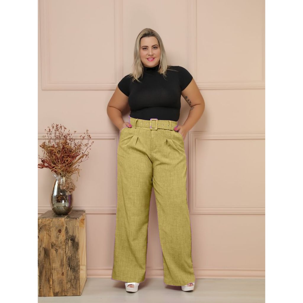 Calça plus size estilo social de linho com cinto C291 Shopee Brasil