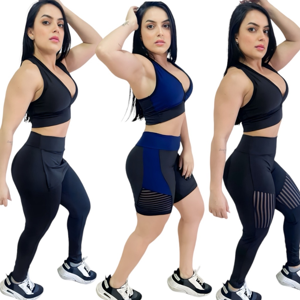 Kit 3 Conjuntos Fitness Feminino Calça Legging e Top Nadador