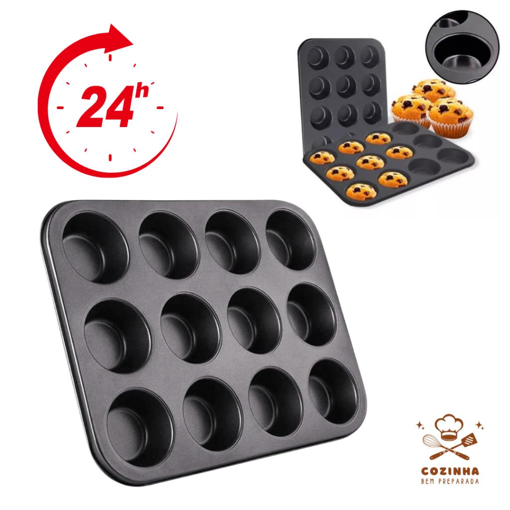 Forma De Cupcake Antiaderente Grande 12 Cavidades Aço Carbono Teflon