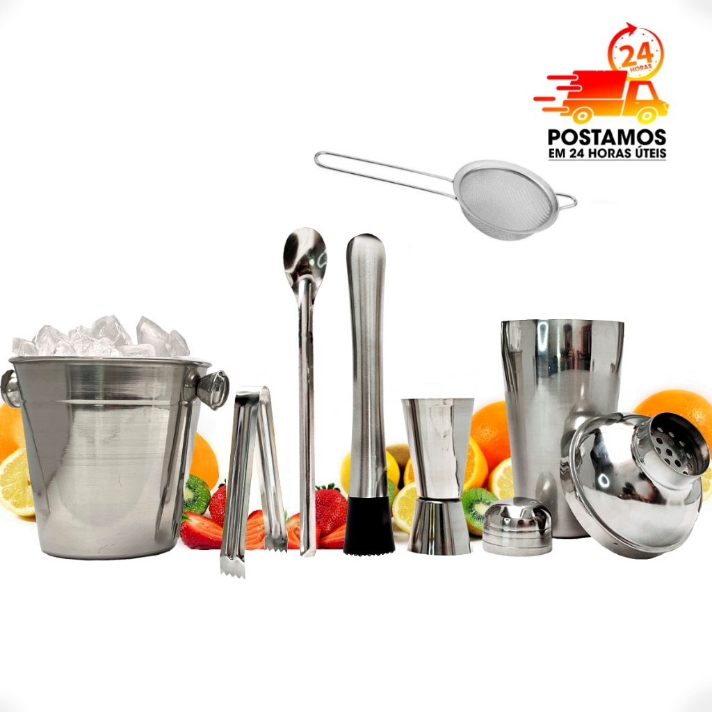 KIT Caipirinha Bartender 7 Peças Aço Inox - Coqueteira 500 ml + Socador, Dosador, Balde, Colher, Pegador gelo e Peneira Completo