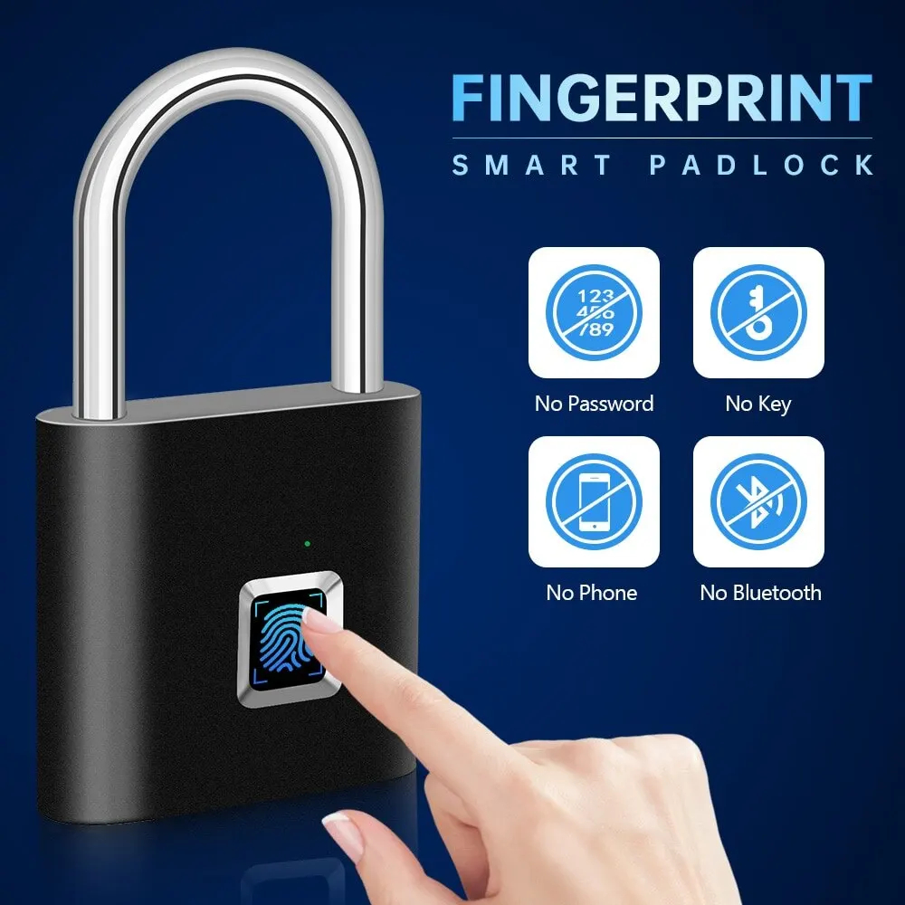 Cadeado c/ destrave pela digital Smart Lock, resistente a respingos, Anti-Roubo, Liga de zinco, Segurança Inteligente, Electronic Door Lock.