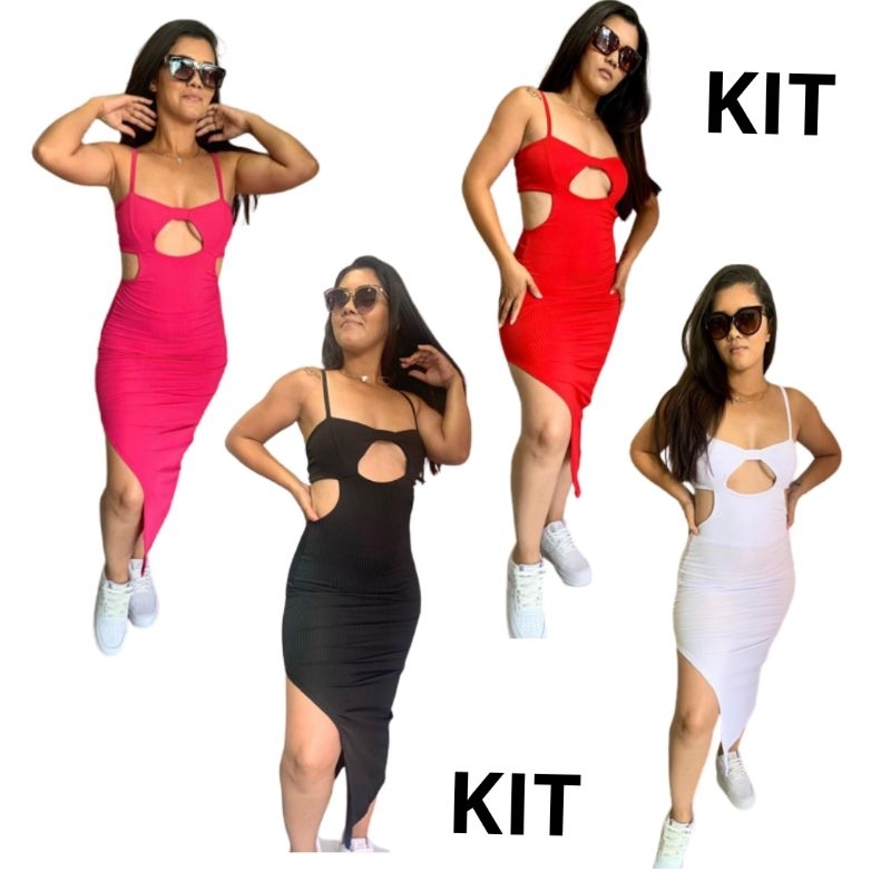 Kit com 03 Vestidos Femininos Canelado Godê Preto/Vermelho/Pink - Compre  Agora