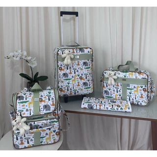 kit de bolsa de maternidade com mala de rodinha e mochila 2 em um.safari com faixas verde.