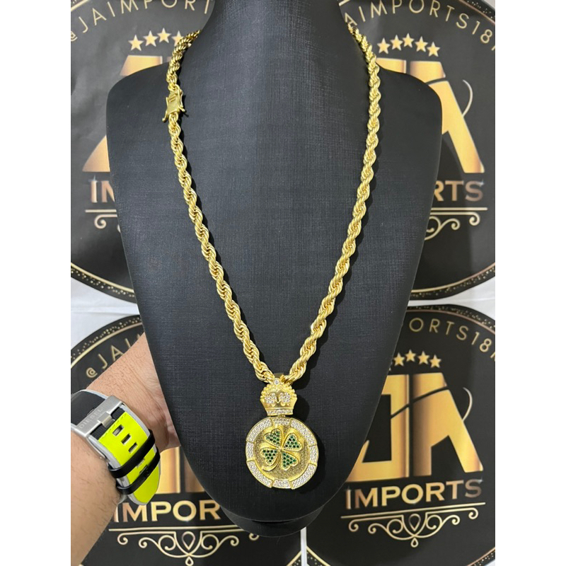 Cordão de moeda antiga elo baiano 6mm 70cm+ Pingente trevo 4 folhas ...