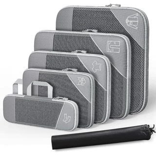 1 conjunto de cubos de embalagem de compressão para viagem expansível organizadores de embalagem,Organizador de Bagagem de Malha de mazenamento,6 peças (Cinza)