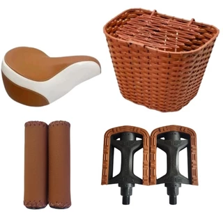 Kit Bicicleta Retro Vintage Selim 2 Molas Cesta Pedal Manopla Marrom