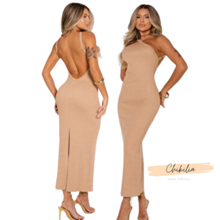 Vestido Longo Feminino X Com Fenda e Costa Nua Malha Canelado Moda Tendência Gringa