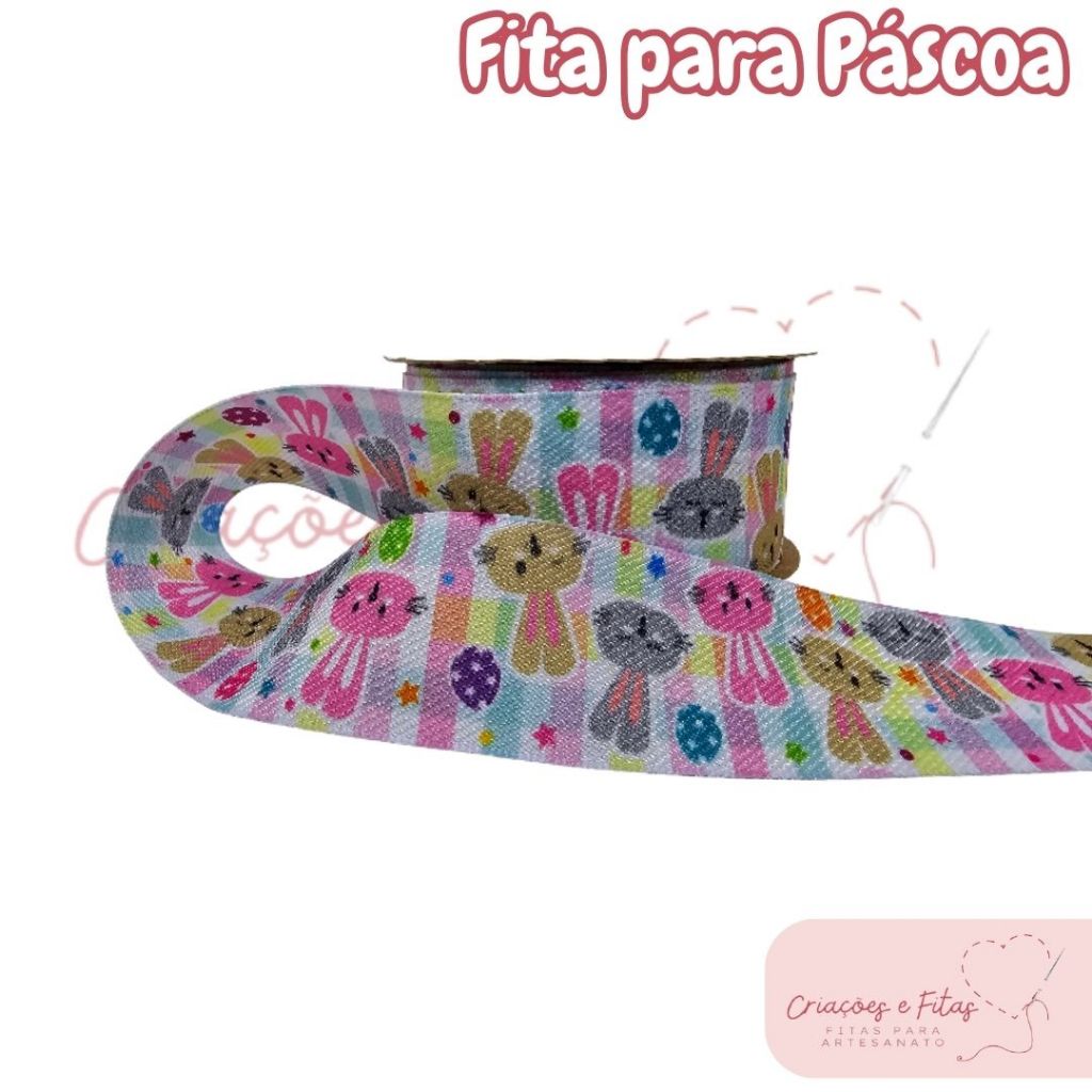 Fita Sinimbu Jeans Páscoa estampada Coelhos N9(38mm) rolo de 10 metros