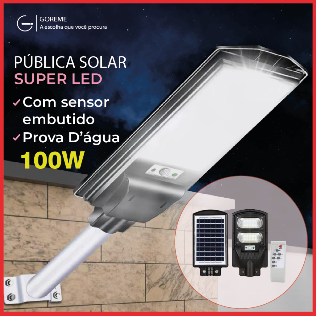 Luminária Solar Led 100W Pública Rua Poste Prova D'água Com Sensor embutido | Luz Branca | Branco Frio (6,500K)