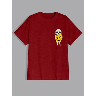 Camiseta Estampada Caveira Smile Desenho Estampa Grafica Bordado Frente T-Shirt Swag Derretendo Sorriso Emoji Cores Neutras Blusa Oversized Manga Curta Ombro Caido Aesthetic Unissex Streetwear