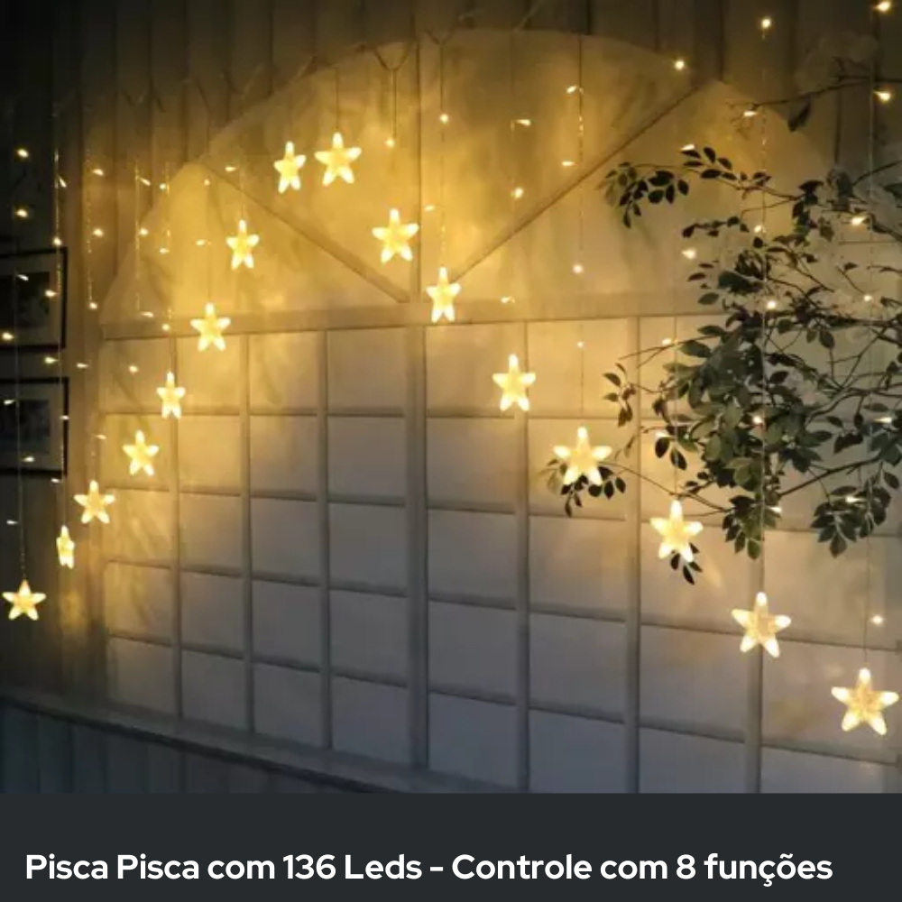 Pisca-Pisca Cascata de Estrela em Led | 3 metros | Cor branco quente ...