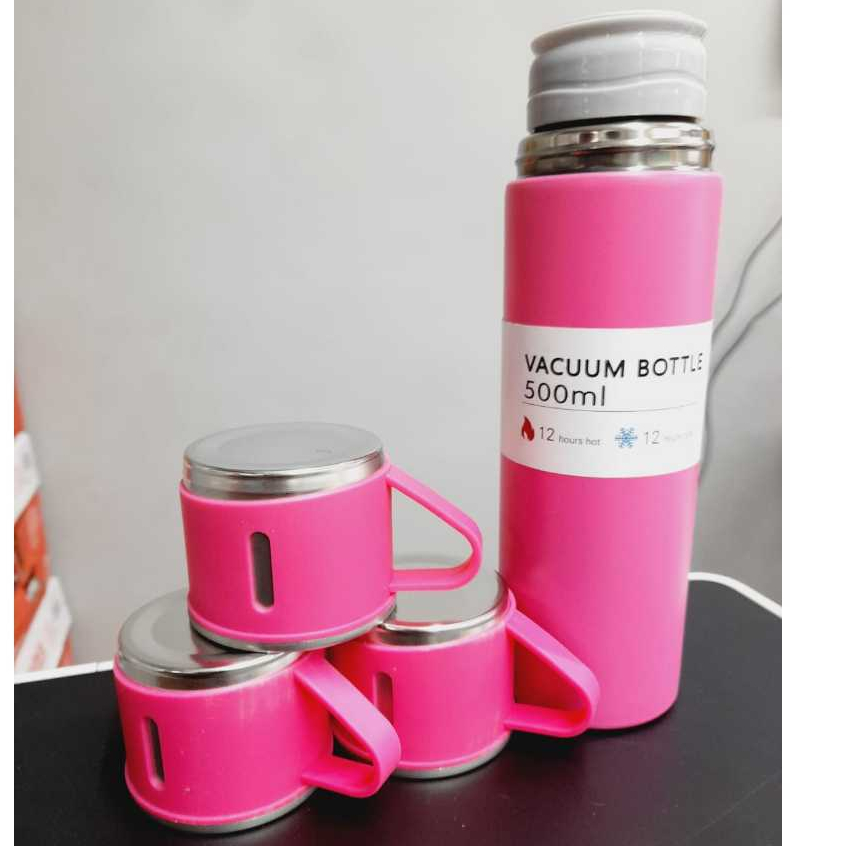 Kit garrafa termica 500ml com 3 xicaras dupla camada inox