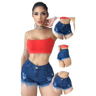 Short Jeans Feminino Cós Alto-Shorts 100% Algodão