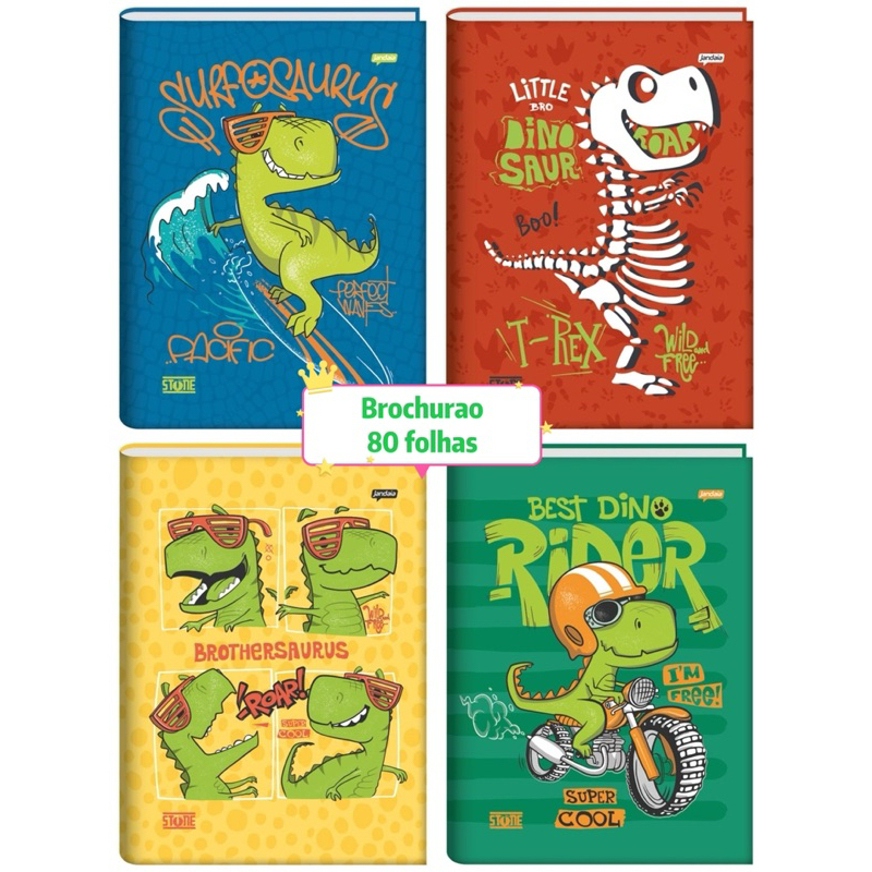 Caderno brochura Grande Capa Dura Infantil Menino 80 fls Stone Dinossauro Jandaia