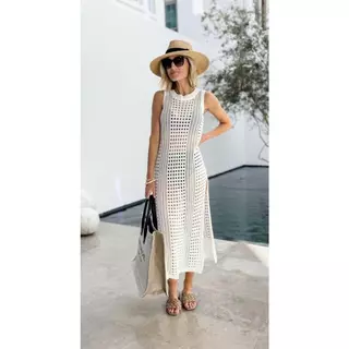 Vestido Saída De Praia Tricot Rendada Furadinha Midi Com Abertura Lateral Verão Praia Modesta