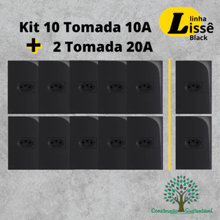 Kit 2 Tomadas 20A Horizontal + 10 Tomadas 10A Linha Lissê Black - Tomada Modular Preta Brilhante